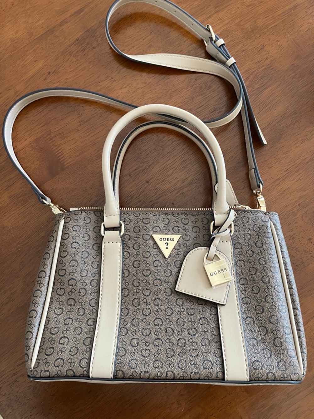 GUESS Cream and Brown Logo Satchel with Detachable Strap